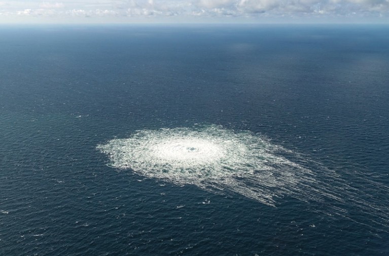 Aerial view of gas erupting though to the surface of the Baltic Sea where the Nord Stream pipeline runs