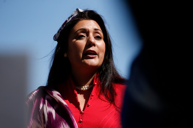 Nusrat Ghani speaking at a demonstration