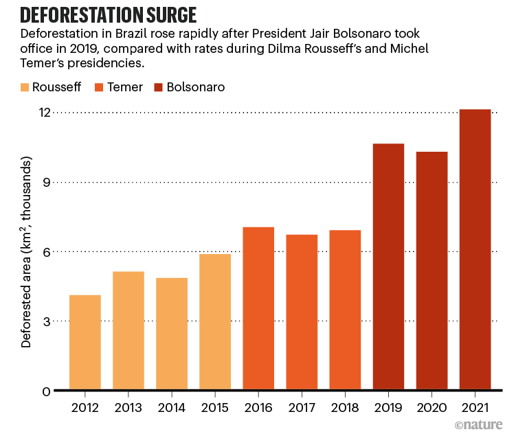 Deforestation surge. Bar chart showing the rise of deforestation in Brazil in the last decade.