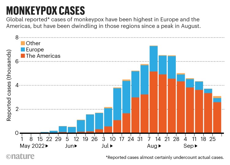 Monkeypox cases: Bar chart showing reported cases of monkeypox have been highest in Europe and the Americas since May 2022.