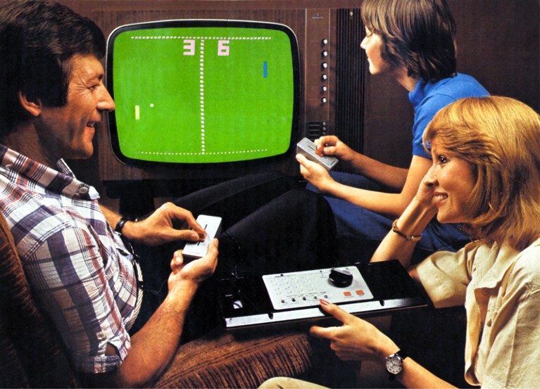 Advertising image from the 1970s of a family playing Pong on a TV games console at home.