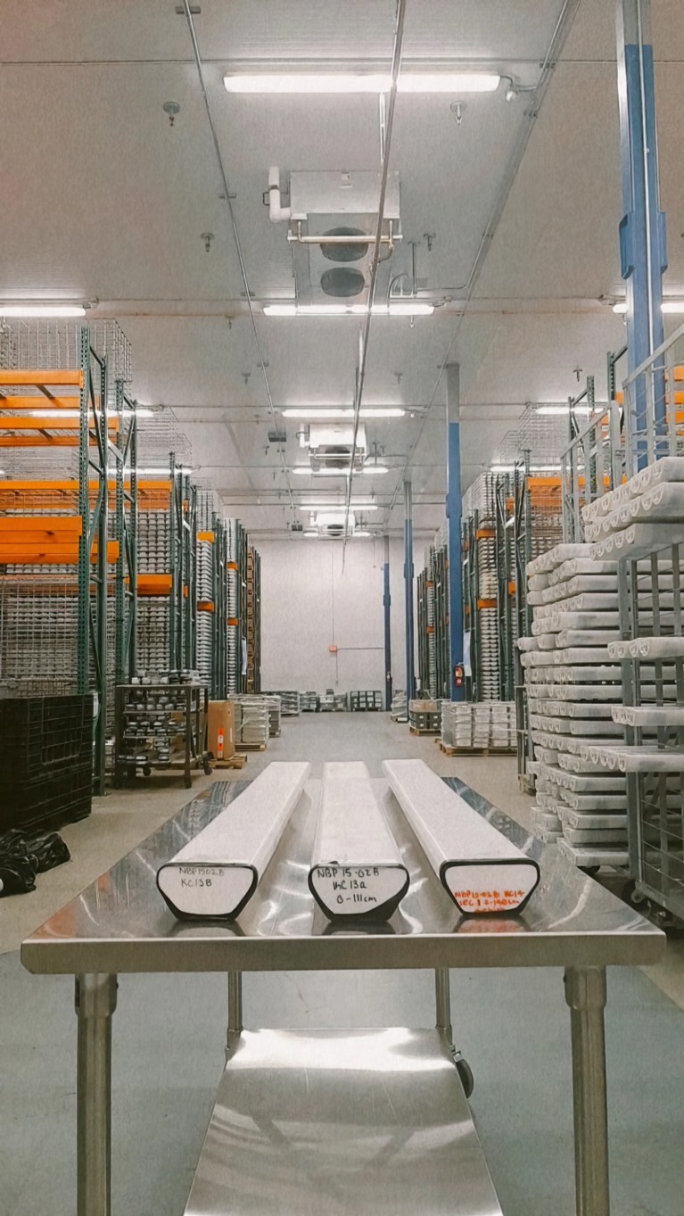 Sediment cores on shelves in a large storage facility at the Oregon State University Marine and Geology Repository