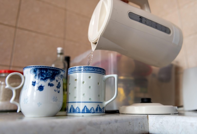 Close up of a person pouring boiled water from a kettle into two mugs on the kitchen counter