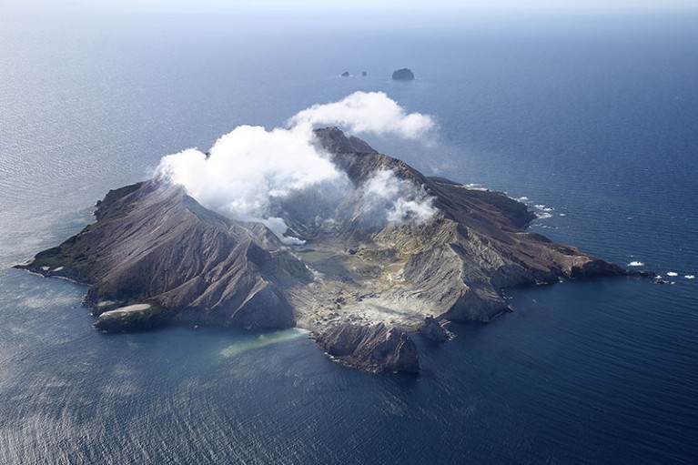 Aerial view of White Island on December 08, 2020 off the coast of Whakatane, New Zealand.