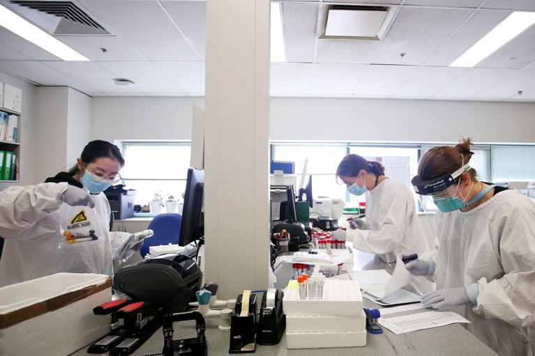 Three women wearing PPE work in a lab.