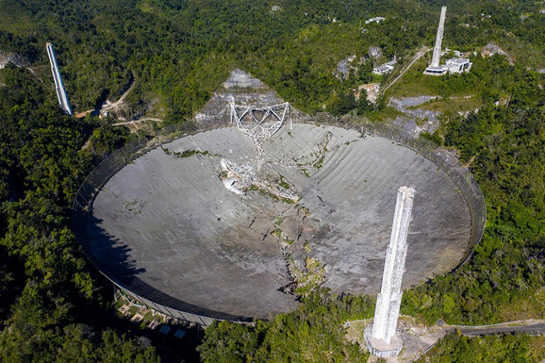 Arial view of the collapsed telescope dish at the Arecibo Observatory in Puerto Rico.