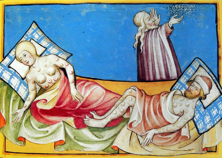 Illustration from the 15th Century Toggenburg Bible of a couple suffering with symptoms of the bubonic plague.
