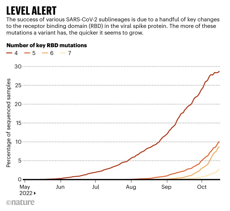 Alerte de niveau : graphique linéaire montrant le pourcentage d'échantillons de séquence contenant 4 à 7 mutations RBD depuis mai 2022.