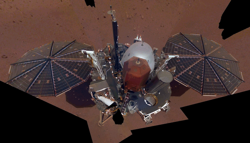 Animated sequence showing NASA InSight's first and final selfies on Mars.