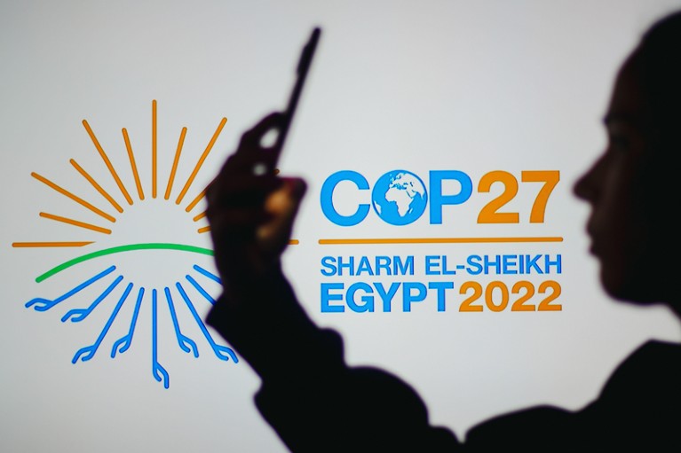 A silhouette of a woman holding a smartphone with the 2022 COP27 logo in the background