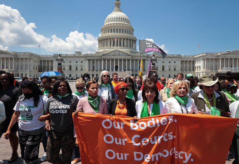 Multiple Democratic lawmakers take part of a demonstration at an abortion rights rally outside Capitol Hill.