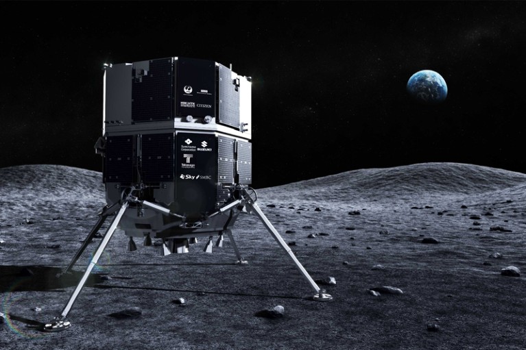 Artist’s illustration of the M1 lander on the moon with Earth in the distance.