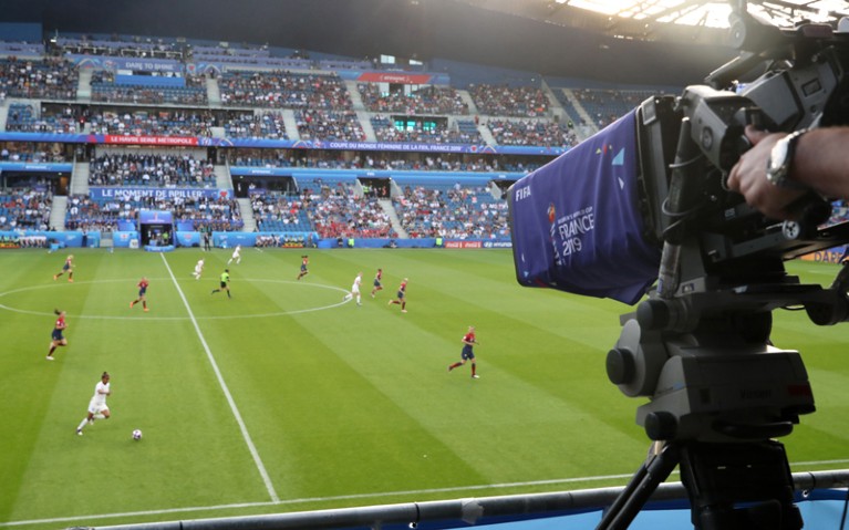 Television cameras film during the 2019 FIFA Women's World Cup France Quarter Final match.