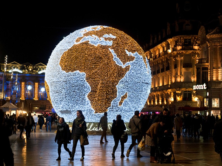 Earth globe illuminated for Christmas, Montepellier.