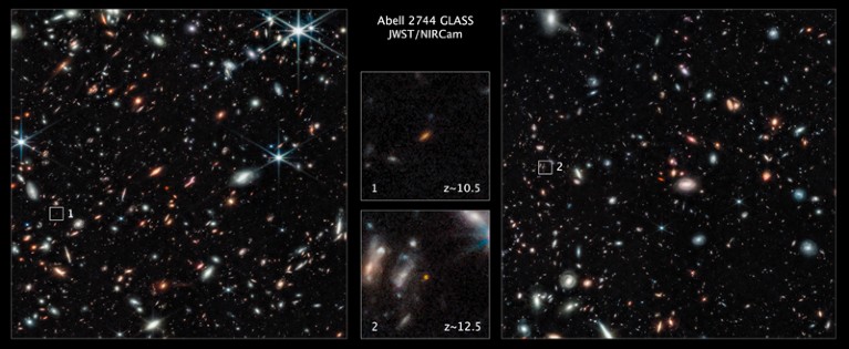Two of the farthest galaxies seen to date are captured in these Webb Space Telescope pictures