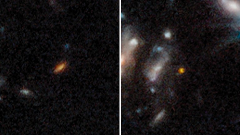 Composite of two close-crop images of the farthest galaxies seen to date