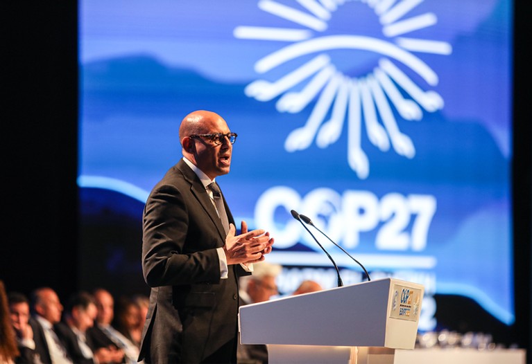 UN's climate change executive secretary Simon Stiell speaks during the closing session of UN climate summit COP27.