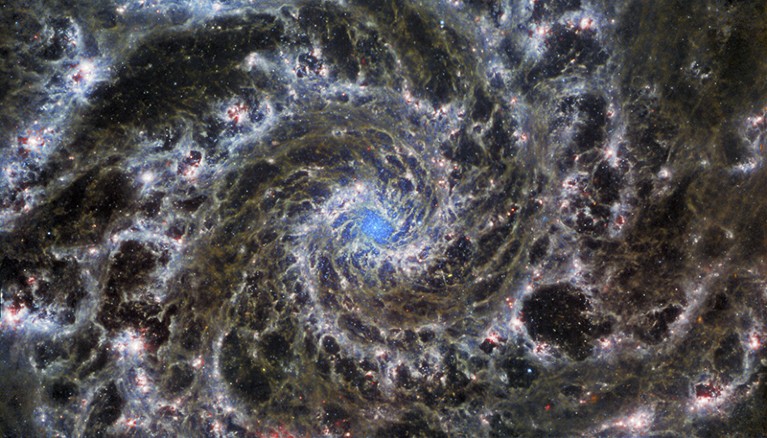 The center of M74, also known as the Phantom Galaxy, shows delicate filaments of gas and dust in the grandiose spiral arms.