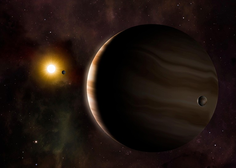 An illustration of the exoplanet (extrasolar planet) Wasp-39b, also called a "hot Saturn."