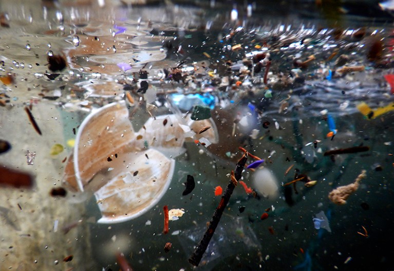 Plastic waste and debris underwater off the coast of Naples, Italy.