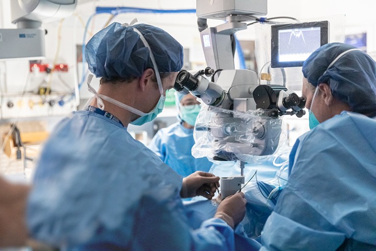 Tom Edwards in surgery, pictured with Associate Professor Penny Allen.