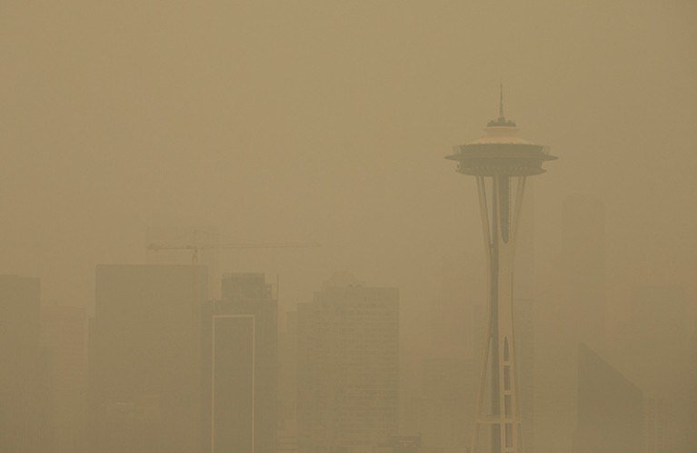 Smoke from wildfires obscure the Space Needle and the Seattle skyline on September 12, 2020.