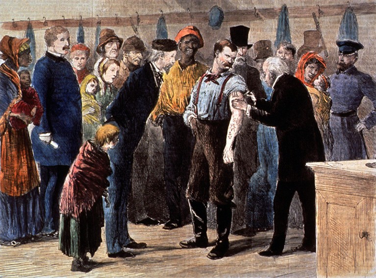 An archival illustration of the smallpox vaccination of the poor at a New York City police station during the smallpox epidemic of 1872.