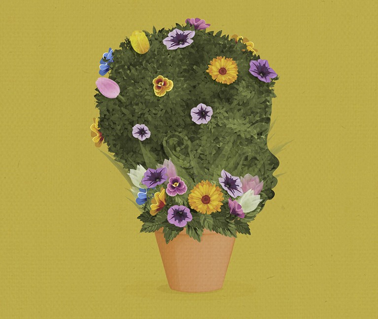 A conceptual illustration showing a flourished plant pot, the plant is shaping a child head, in the back there are few buds.