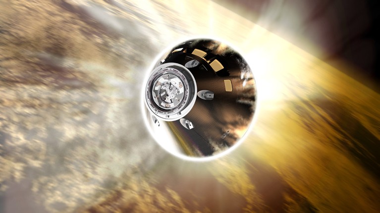 Artist's impression of the Orion capsule re-entry through the atmosphere