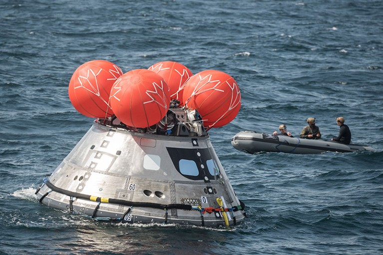 Orion capsule being tested by engineers in the waters off the coast of North Carolina