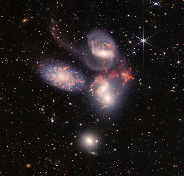 NASA's James Webb Space Telescope reveals Stephans Quintet, a visual grouping of five galaxies, July 12, 2022