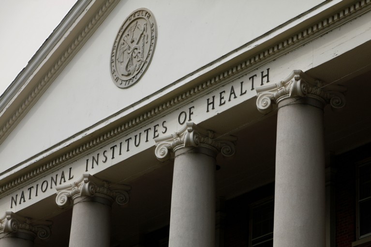 Close-up of the logo on the main building of the National Institutes of Health