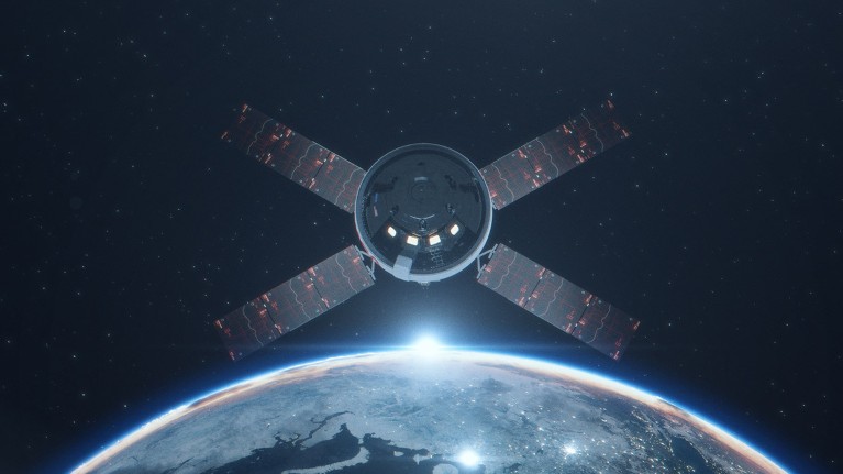 Artist's concept showing the Artemis I craft orbiting above the earth