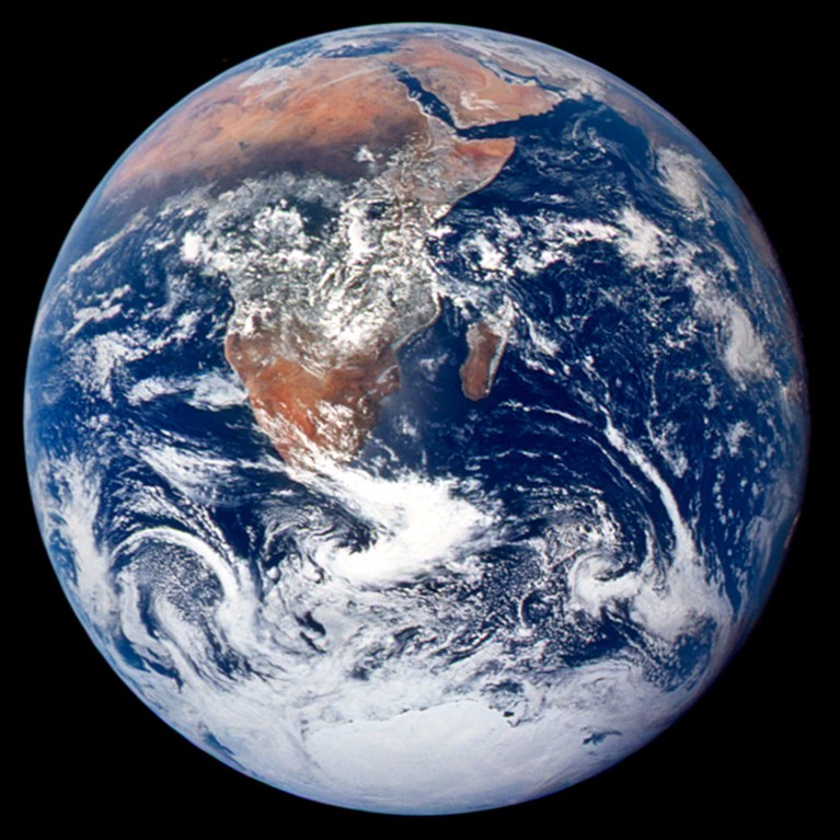 View of the Earth as seen by the Apollo 17 crew traveling toward the moon on Dec. 7, 1972.