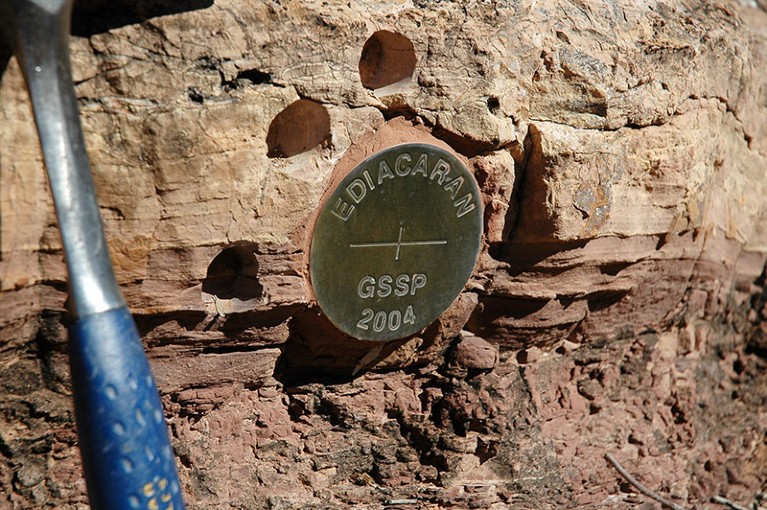 Cryogenian-Ediacaran geological boundary in rock strata marked by a brass plate, Flinders Ranges, South Australia