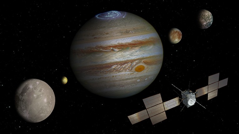 Un'illustrazione della missione Juice, con l'obiettivo di caratterizzare le lune ghiacciate di Giove e studiare il sistema di Giove.