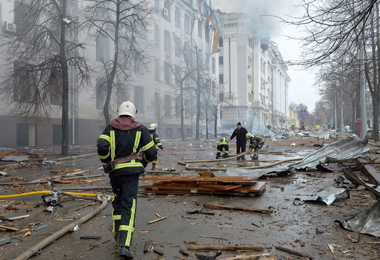 Firefighters try to contain a fire at the Economics Department building of Karazin Kharkiv National University, Ukraine.