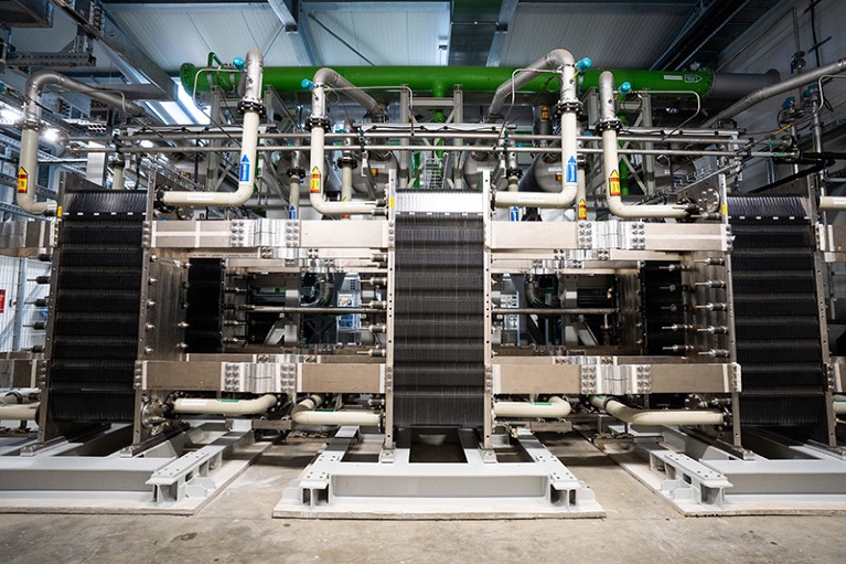An interior section of Bavaria's largest green hydrogen generation plant in the Wunsiedel Energy Park, Germany, 2022.