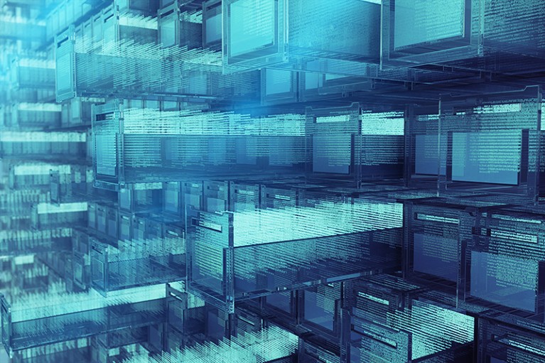 Digital holographic photo of blue transparent drawers with data and folders inside, representing big data storage.
