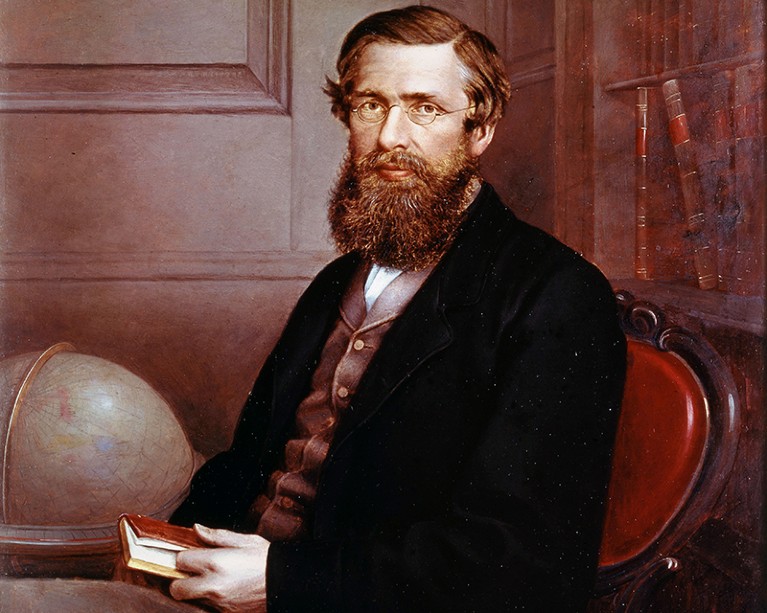 A painted portrait of Welsh naturalist, biologist and geographer Alfred Russel Wallace holding a book.
