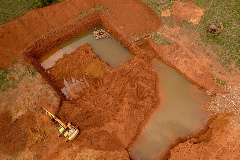 An aerial view of an illegal gold mine and its polluted water in Sao Felix do Xingu, Brazil.