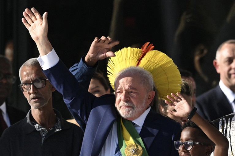Brazil's President Luiz Inacio Lula da Silva waves at supporters after his inauguration in Brasilia.