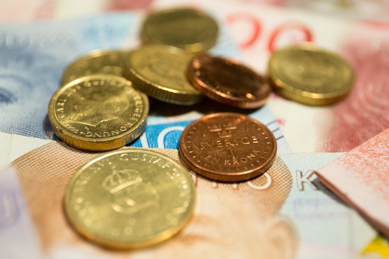 Close-up soft-focus image of Swedish krona banknotes and coins