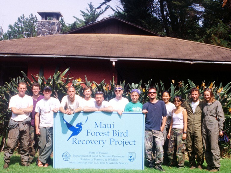 Jim with one of the field crews involved in the operation to translocate the Po’ouli, first from the left.