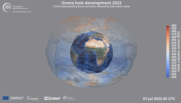 Animated 3D rendering of the ozone hole evolution in 2022