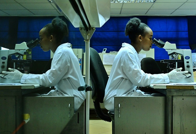 A lab technician analyses biological samples at Lancet laboratories, Kenya.