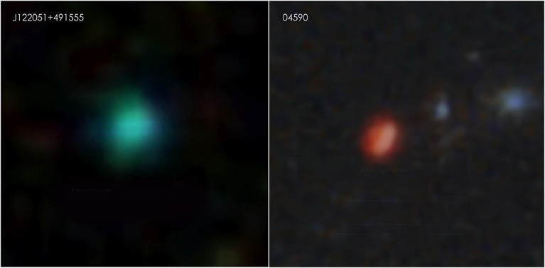 Una galaxia de guisante verde junto a una imagen infrarroja de una de las primeras galaxias de guisante.