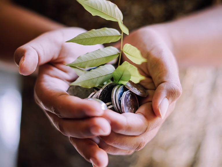 A tree and coins in a hand.