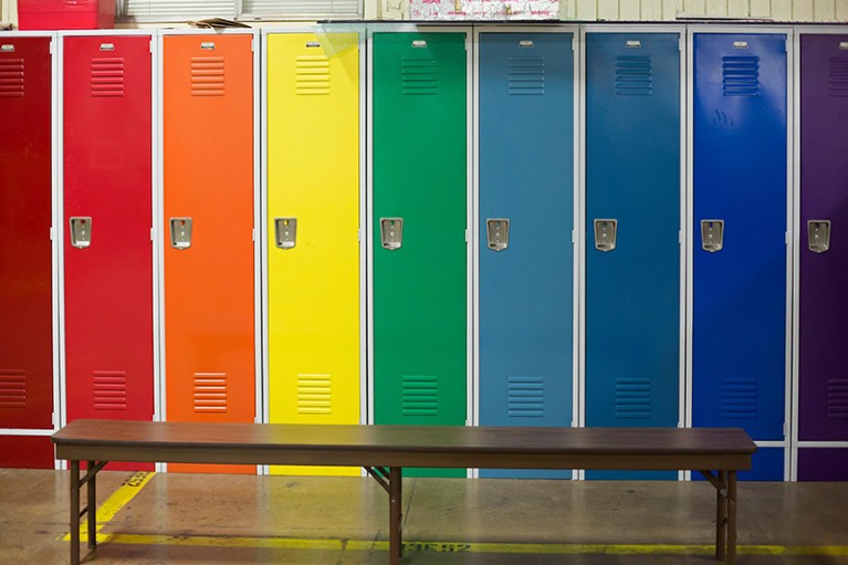 Lockers in a rainbow of colors at the National Ice Core Laboratory in Denver, Colorado.