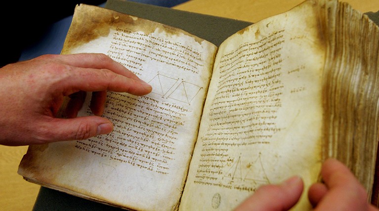 The oldest manuscript of Euclid's Elements, deemed the founding document of mathematics, handwritten in AD 888 on parchment.